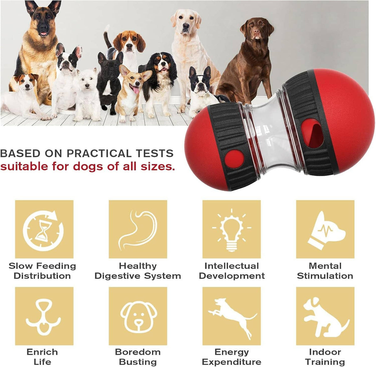 Red and black treat-dispensing slow feeder puzzle toy with transparent drum and kibble