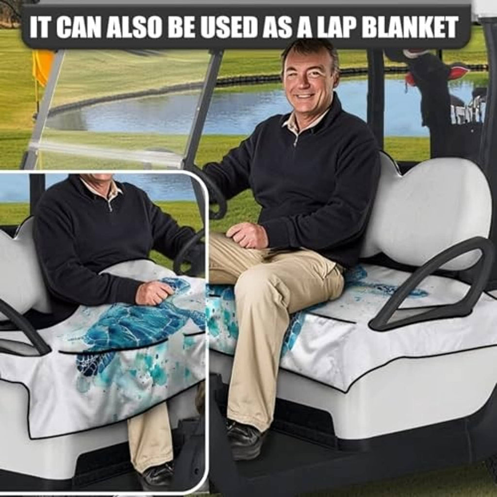Golf cart seat cover towel blanket with blue sea turtle print, laid flat