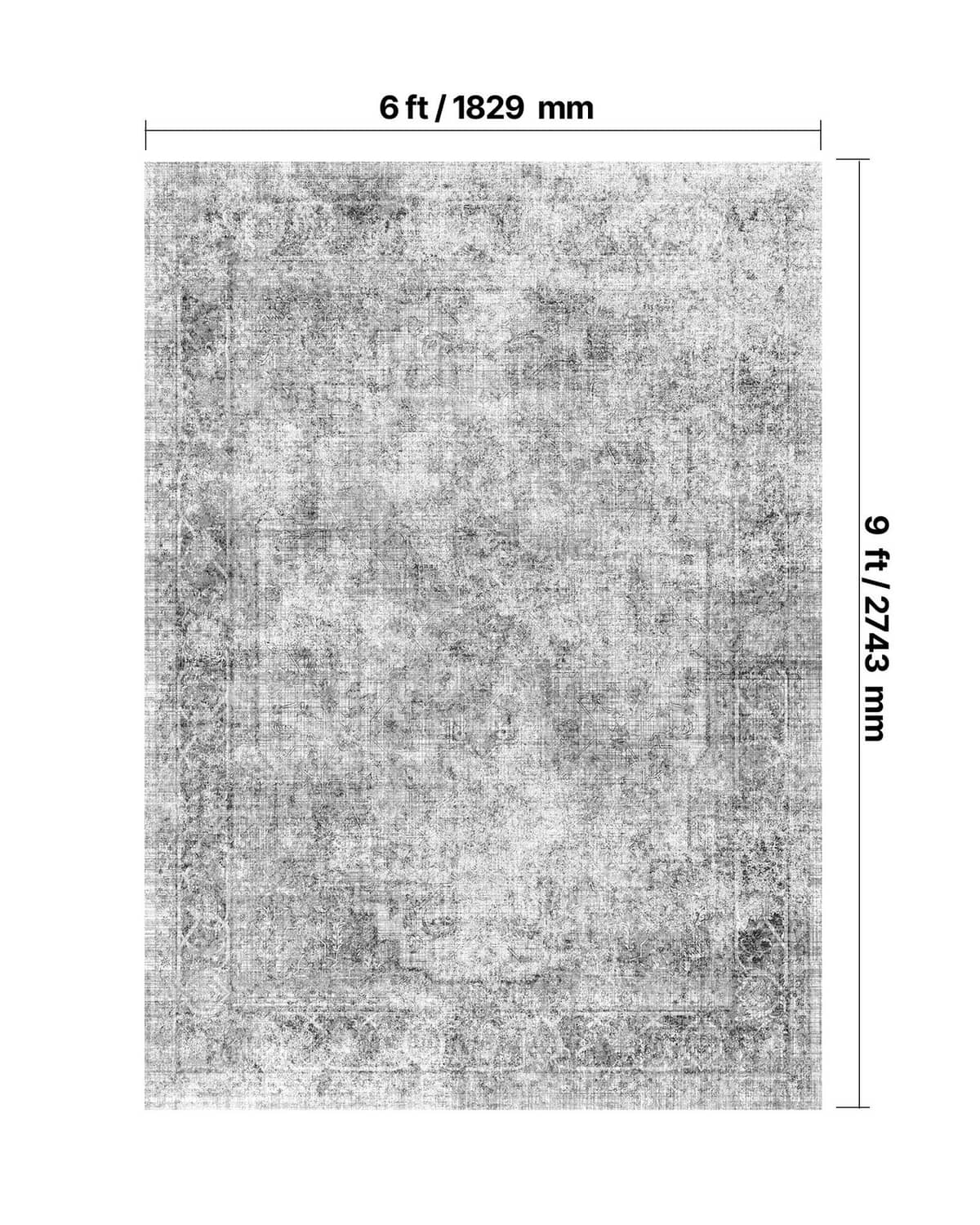 Gray abstract area rug, 6x9 ft size, distressed texture with bordered edge