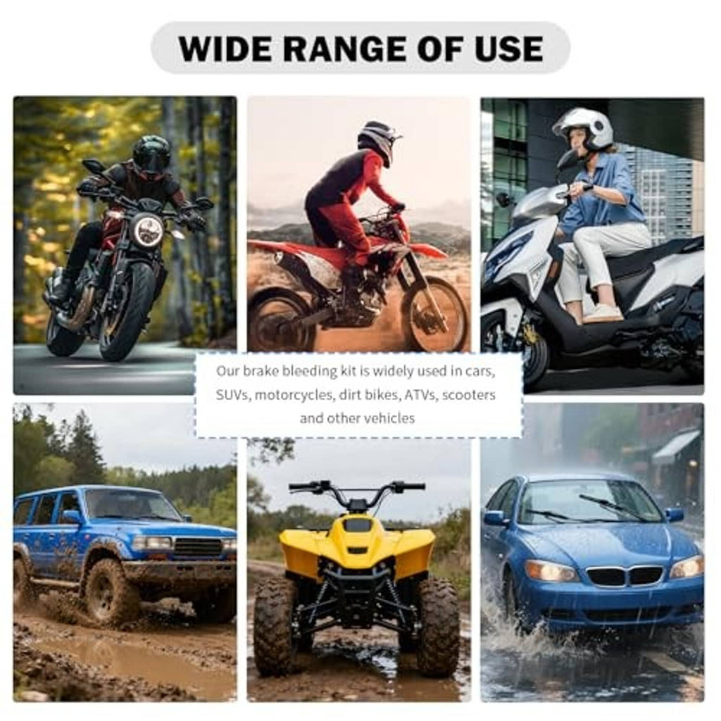 Brake bleeder kit shown for use on various vehicles including motorcycles and cars