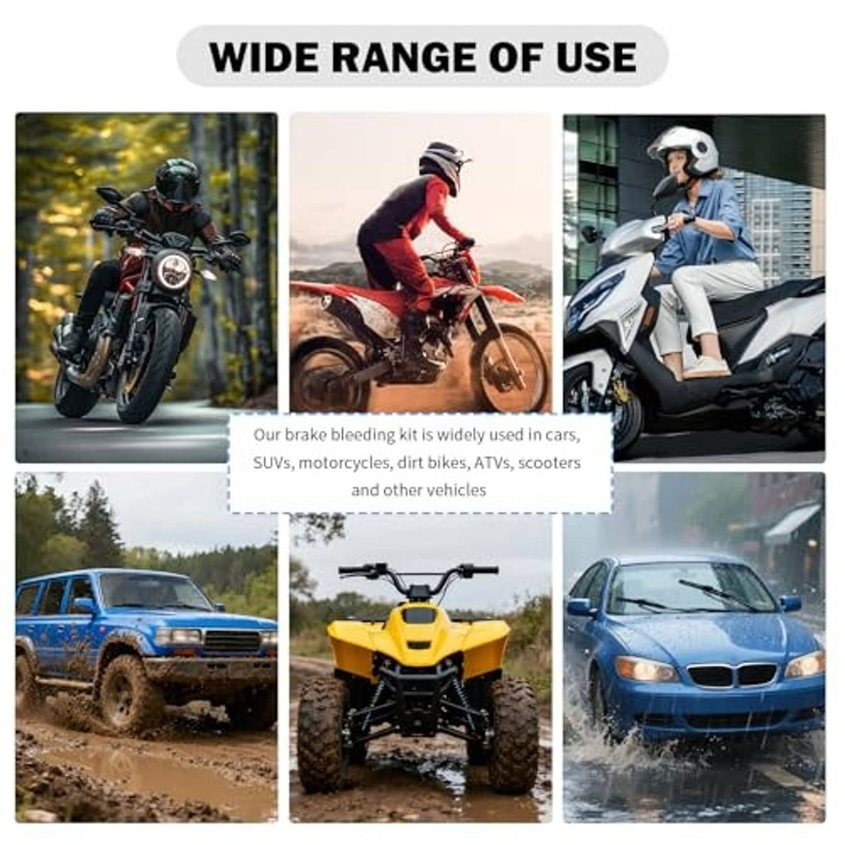 Brake bleeder kit shown for use on various vehicles including motorcycles and cars