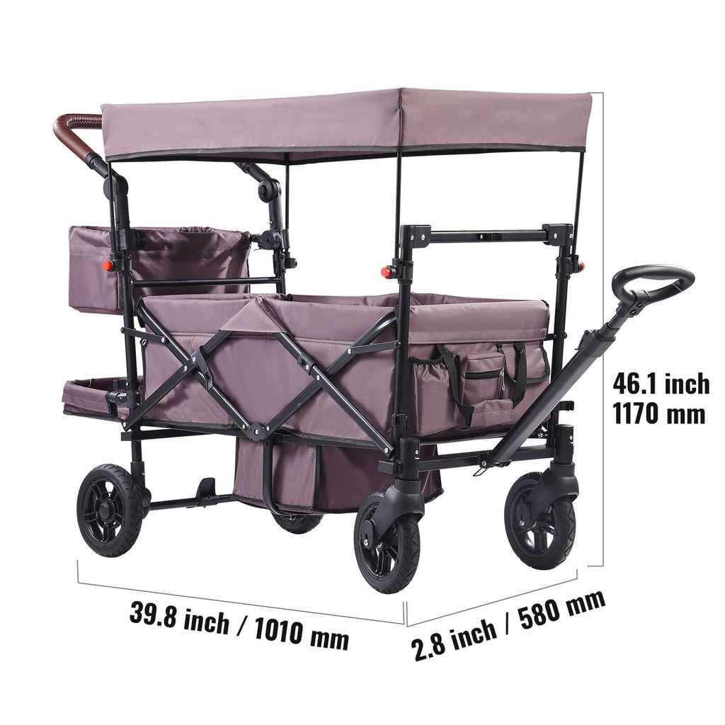 Purple double wagon stroller with canopy and extended handle, two seats and storage pockets