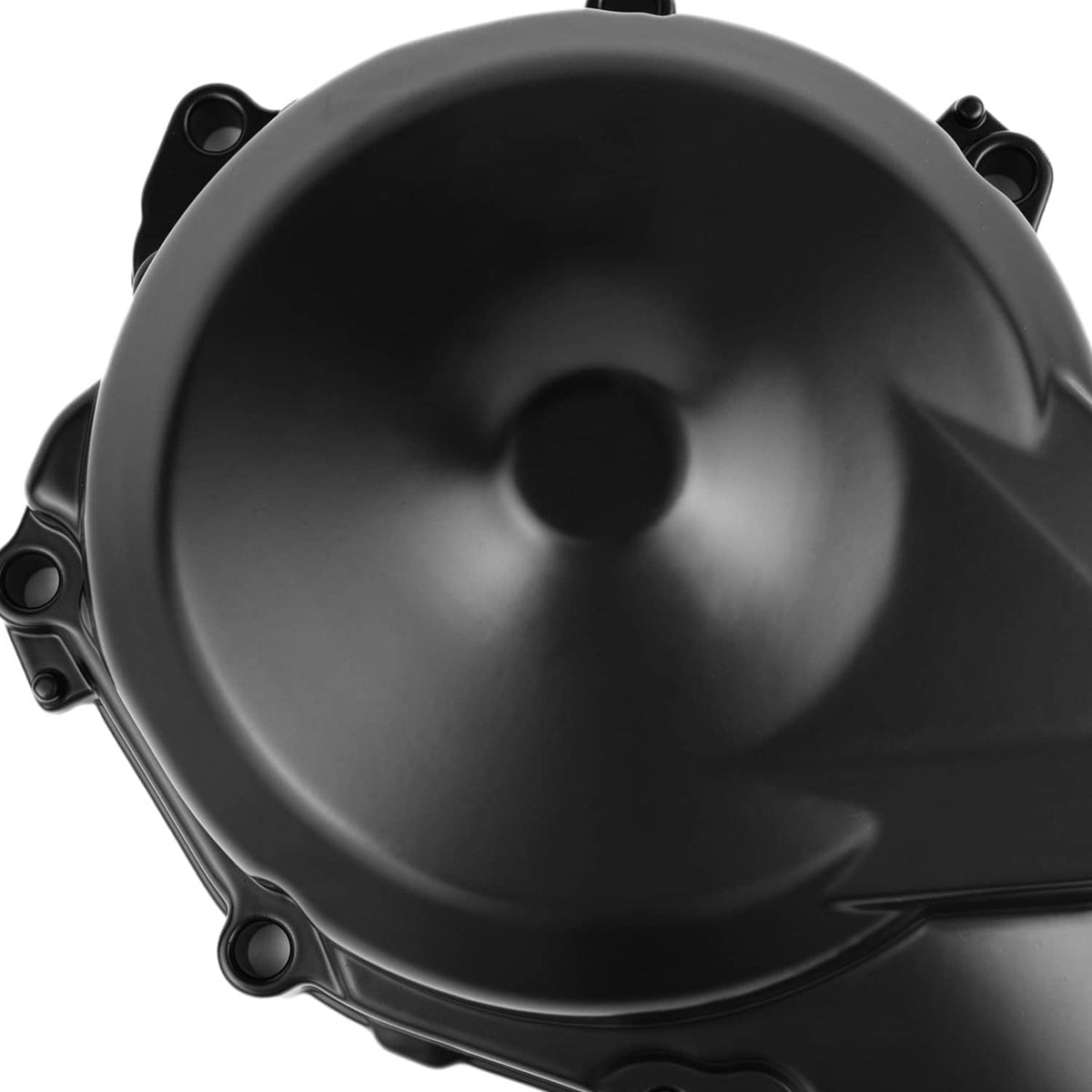 Black engine stator cover face with circular center cap and side mounts