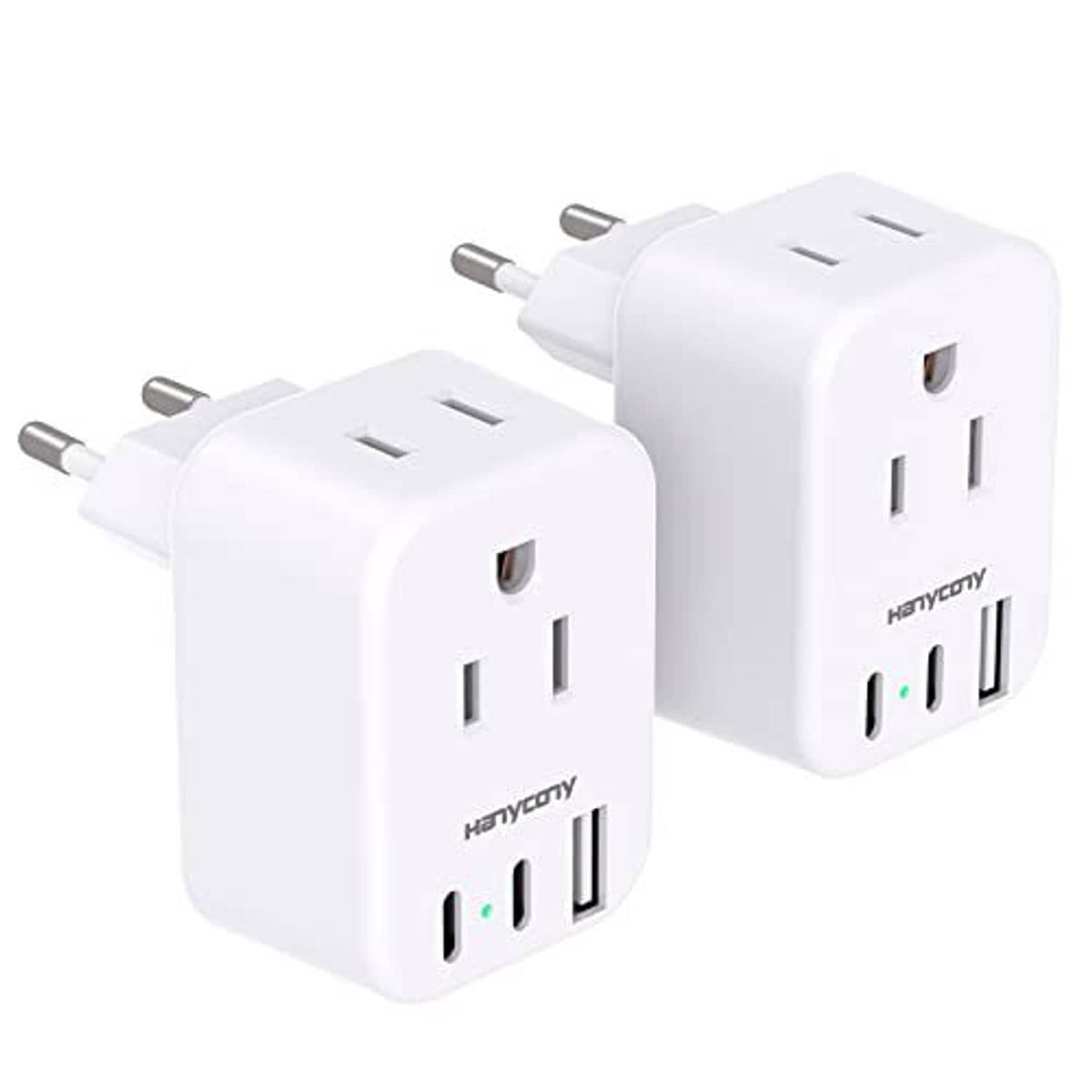 White international plug adapter, two-piece set with two round pins and USB ports