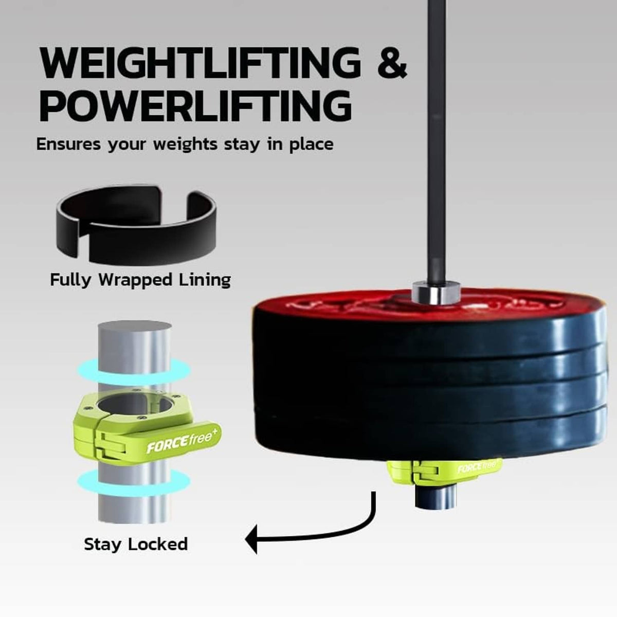 Lime green barbell clamp gripping a bar end, showing black fully wrapped lining