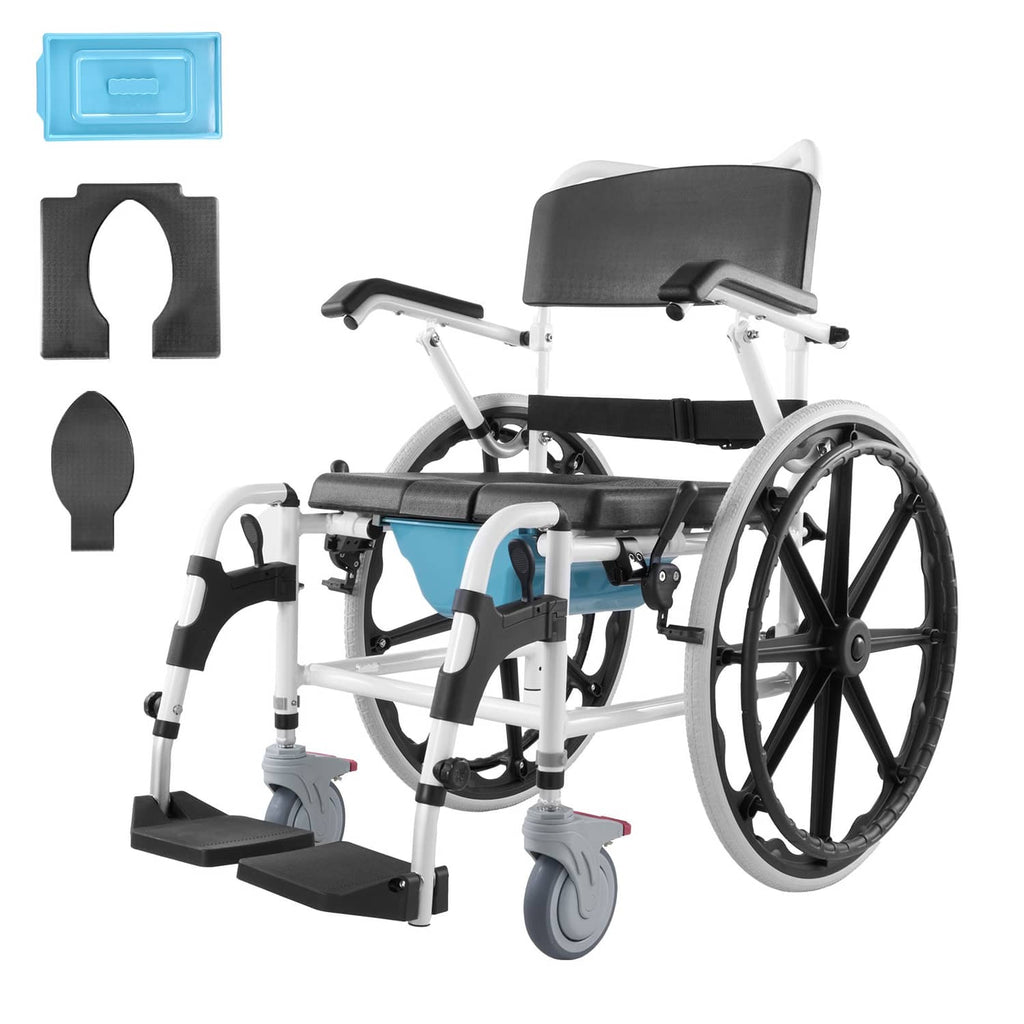 Shower wheelchair with black seat and back, white frame, blue seat panel, large rear wheels