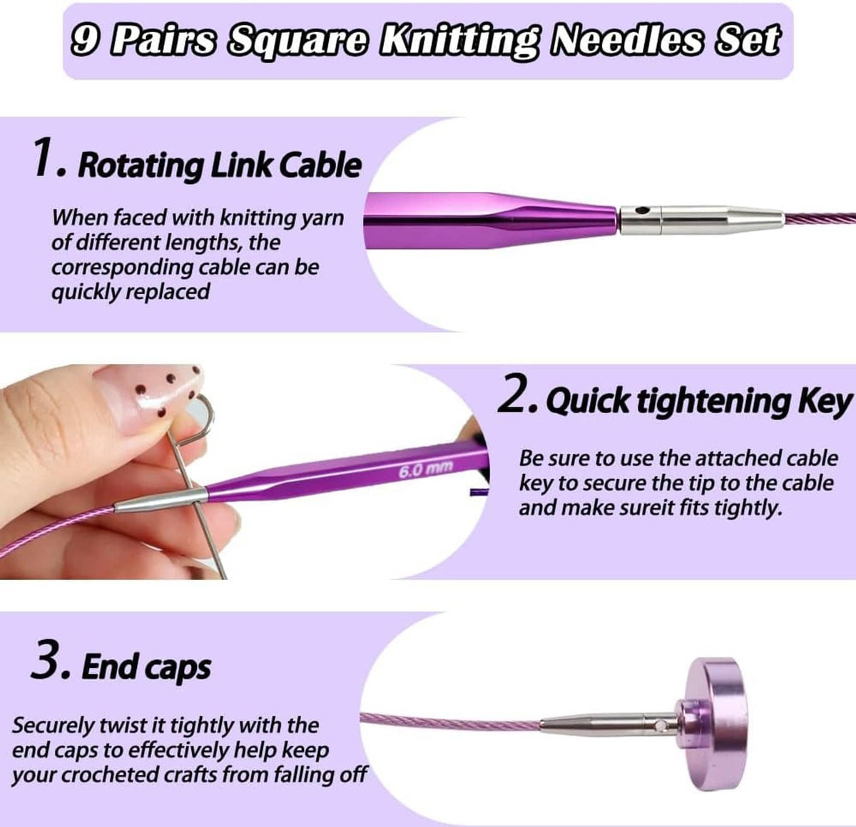 Square knitting needles set with rotating link cable, tightening key, and end caps