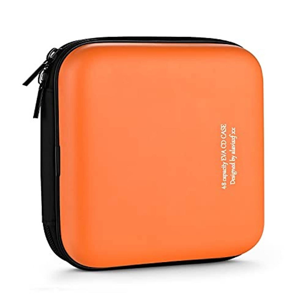 Orange hard EVA disc storage case with black zipper, compact square profile