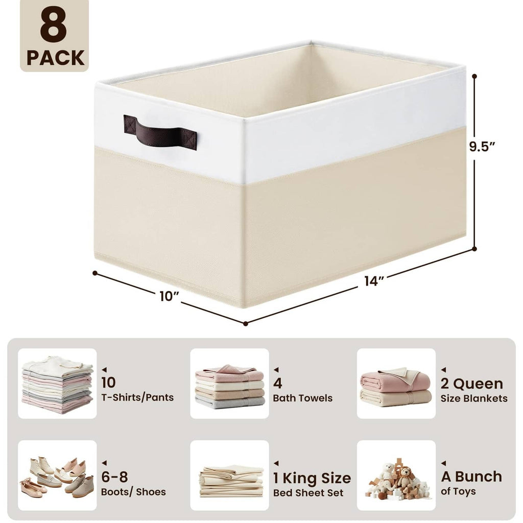 Rectangular storage basket, white and beige with black handles, 14 x 10 x 9.5 in.