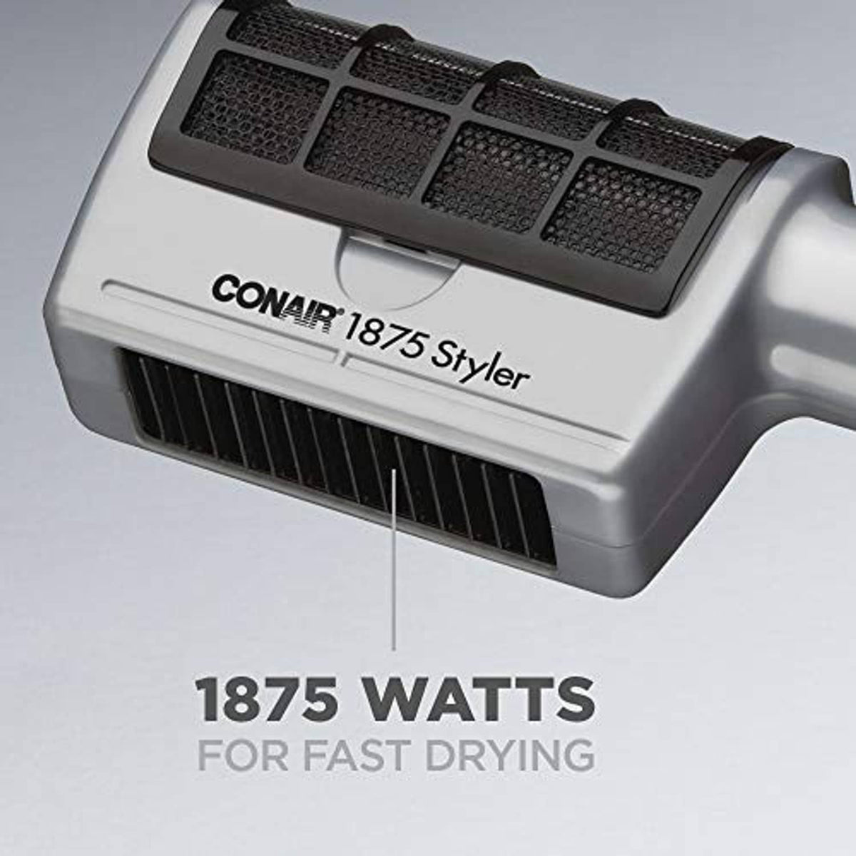 Conair hair dryer nozzle with textured air grille on silver housing, close-up