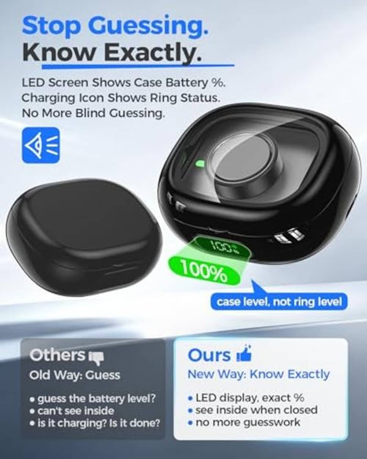 Black charging case with LED screen showing 100% and open ring holder