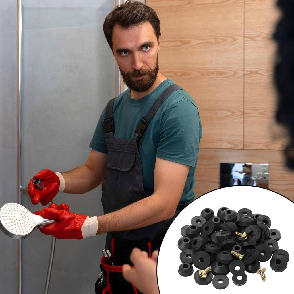 Black rubber faucet washers with brass screws, displayed with plumbing repair tools
