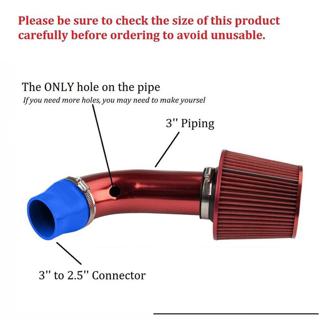 Cold air intake filter kit with red filter, red piping, and blue couplers