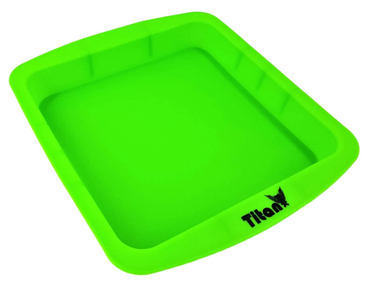 Green silicone deep dish tray cake pan, square, TitanOwl logo