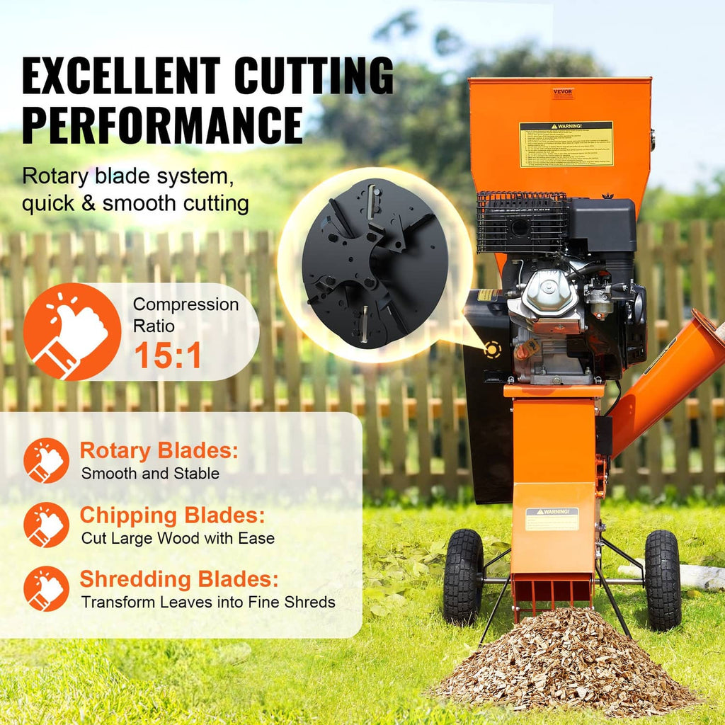 Orange wood chipper shredder mulcher with rotary blade housing