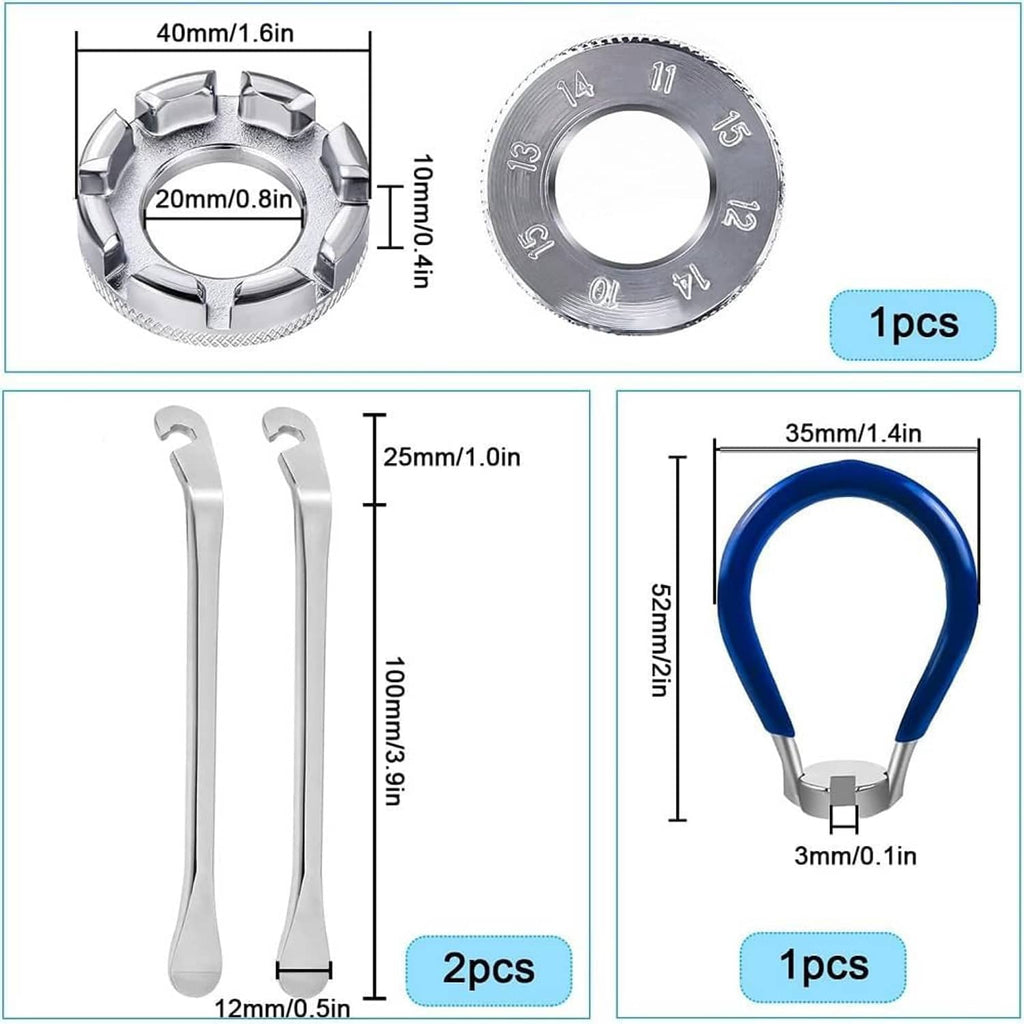 Bicycle spoke wrench kit with two silver wrenches, blue ring tool, and round nut head