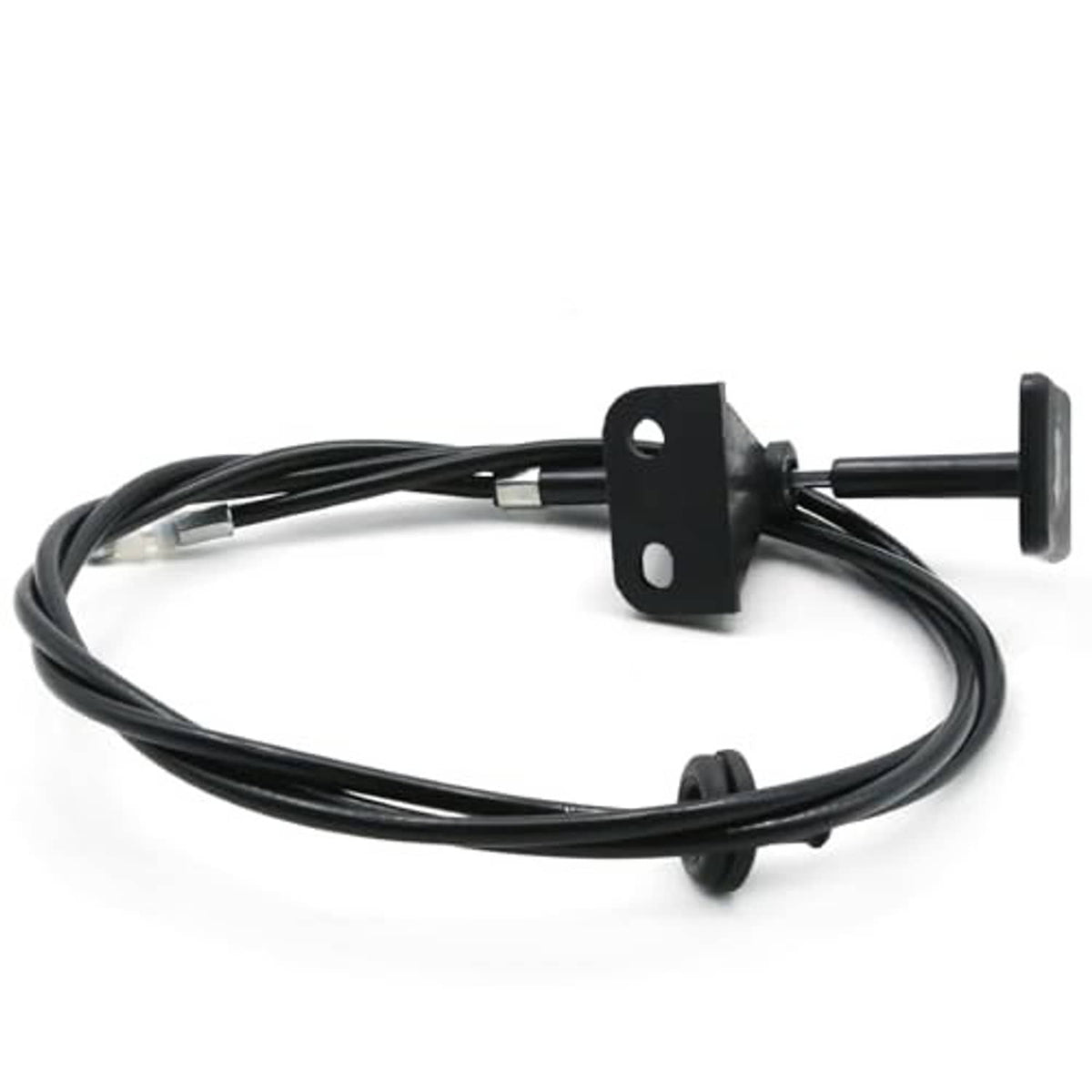 Black engine hood release cable with metal mounting bracket and release handle
