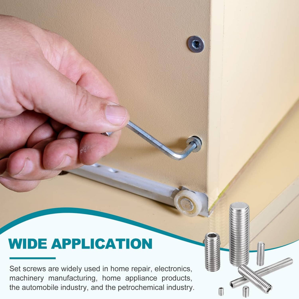 Hand installing a stainless grub screw into a cabinet hinge bracket with hex key