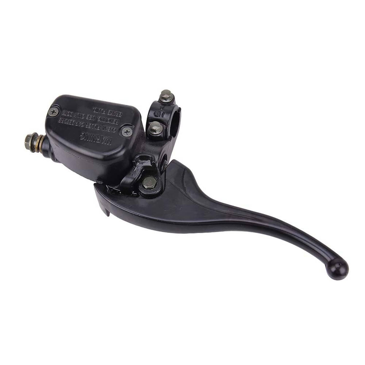 Front brake master cylinder with black lever and warning-labeled reservoir housing