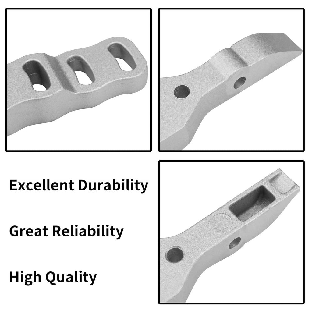 Drive control handle mount brackets, silver metal close-ups of drilled arms and slots