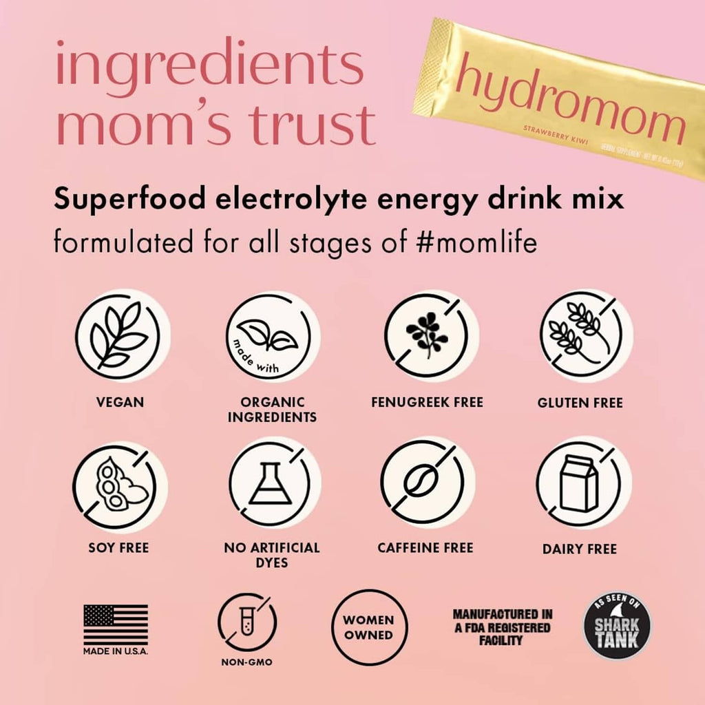 Hydromom hydration energy drink mix stick pack with ingredient and filter icons