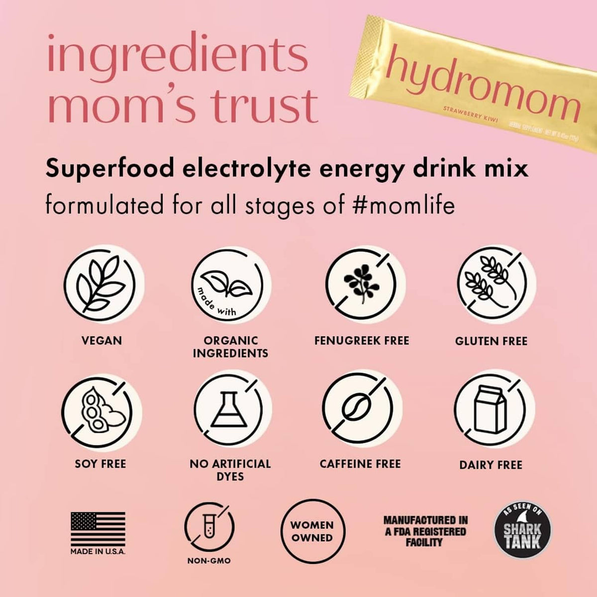 Hydromom hydration energy drink mix stick pack with ingredient and filter icons