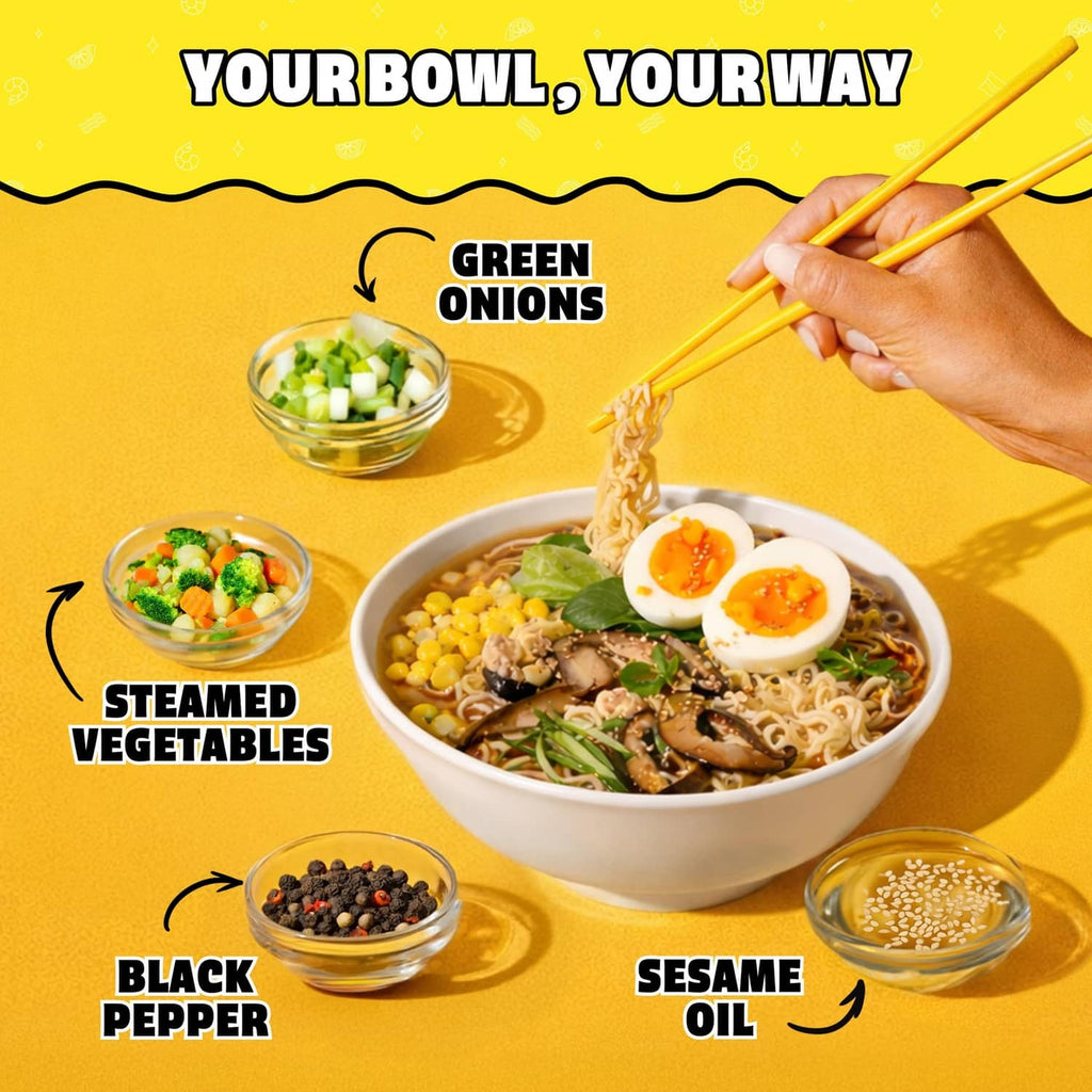Ramen bowl with green onions, steamed vegetables, black pepper, and sesame oil