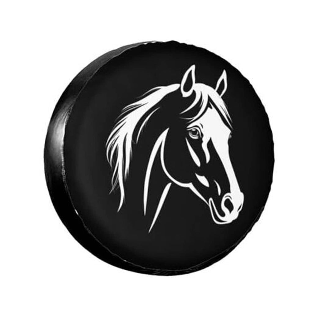 Black round spare tire cover with white horse head graphic, wheel protector