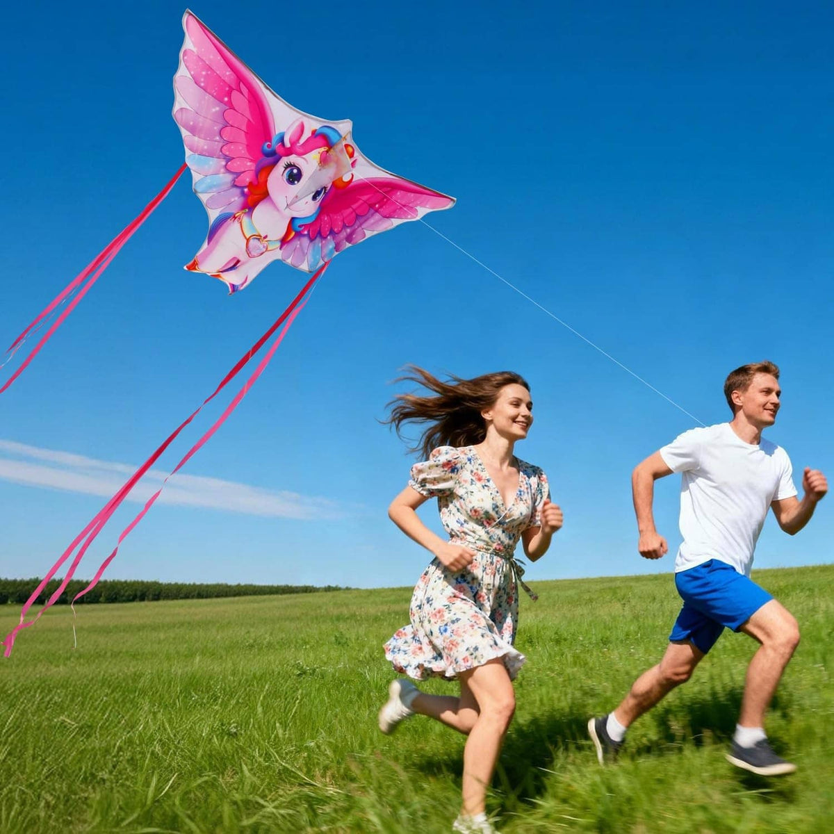 Flying unicorn kite with pink wings and rainbow accents, held by red string lines