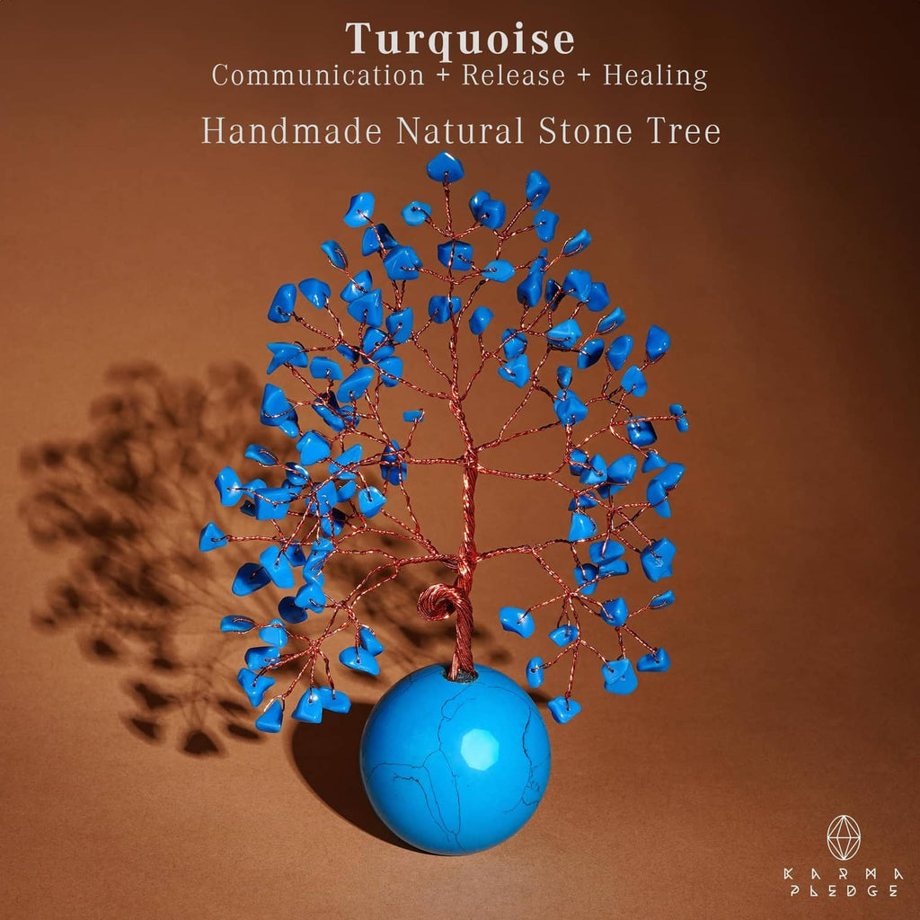 Handmade Tree of Life ornament with turquoise ball base and blue crystal leaves