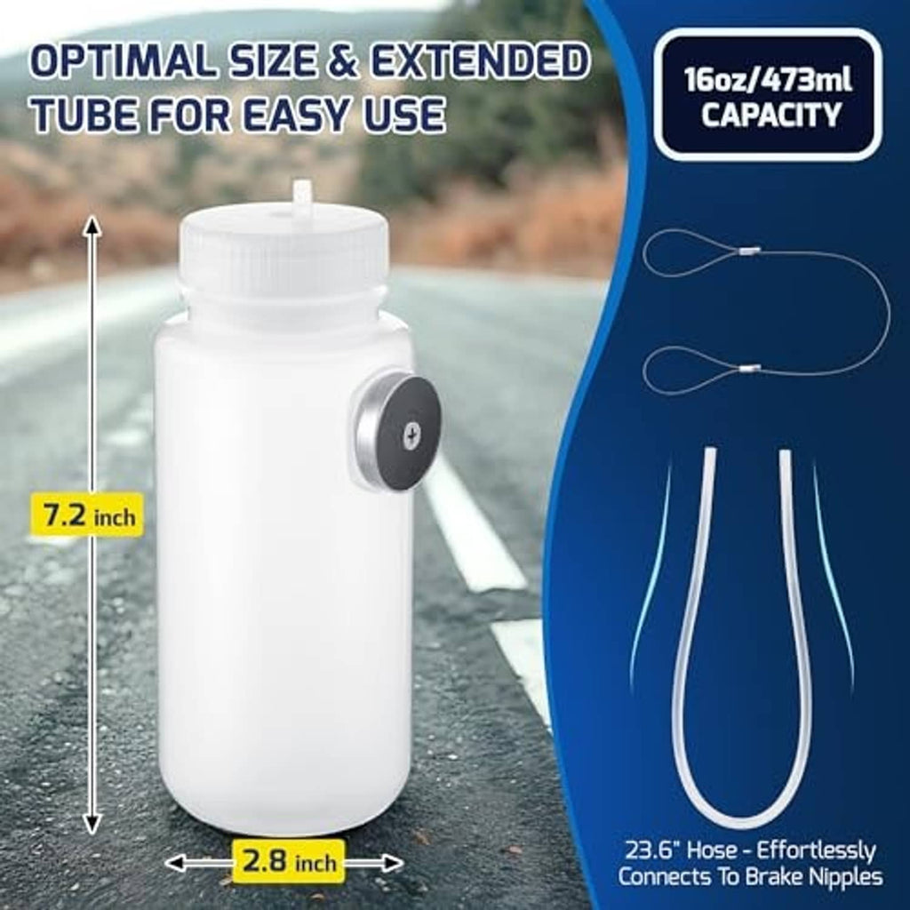 16oz brake bleeder bottle kit with white reservoir, extended tube, and small clamps
