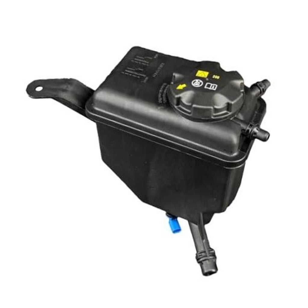 Black coolant reservoir tank with cap and outlet hose fittings, car cooling system part