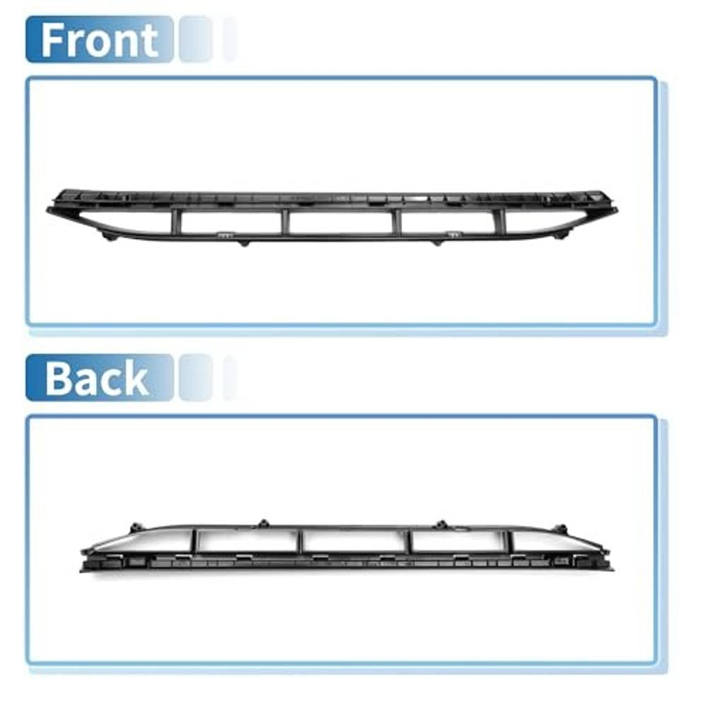 Front and back views of front lower hood bumper grille insert, black plastic