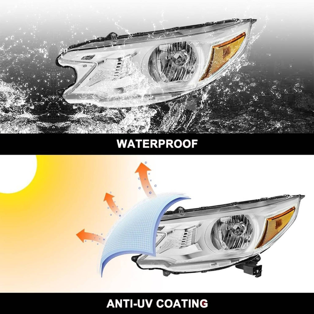 Chrome corner headlight with clear lens and amber side marker, with water splashes