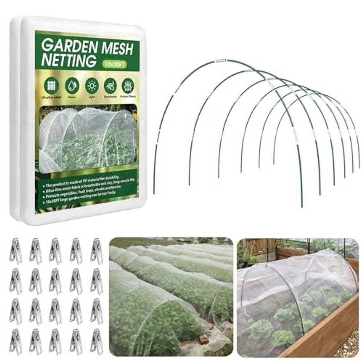 White garden mesh netting kit with arch hoops and clips, shown with raised-bed cover