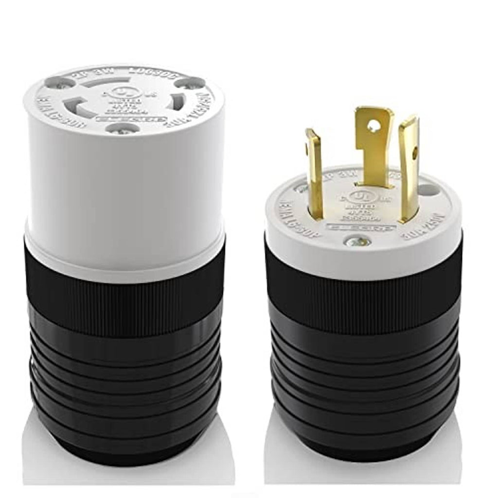 NEMA L6-30 locking plug and connector pair, white body with black ribbed grip, gold pins
