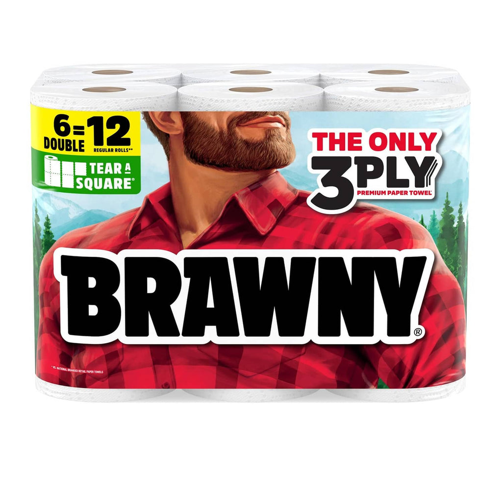 White Brawny 3-ply paper towel pack with six 100-sheet rolls