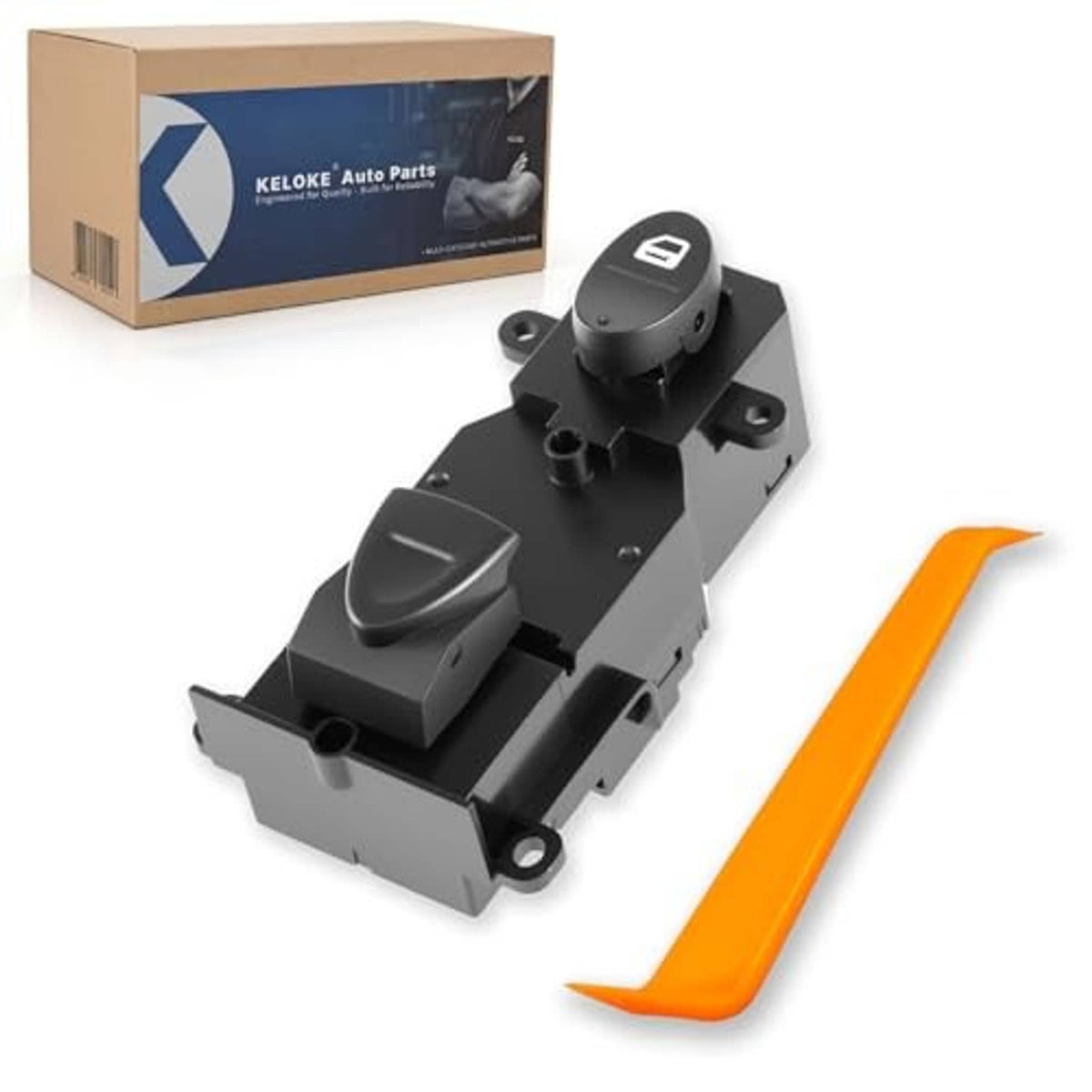 Black power window switch assembly with retail box and orange pull tab