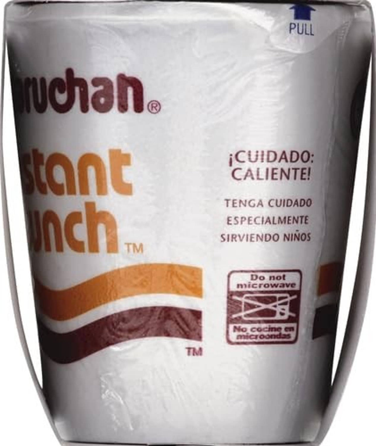 Instant Lunch cup back with hot caution text and microwave safe icons