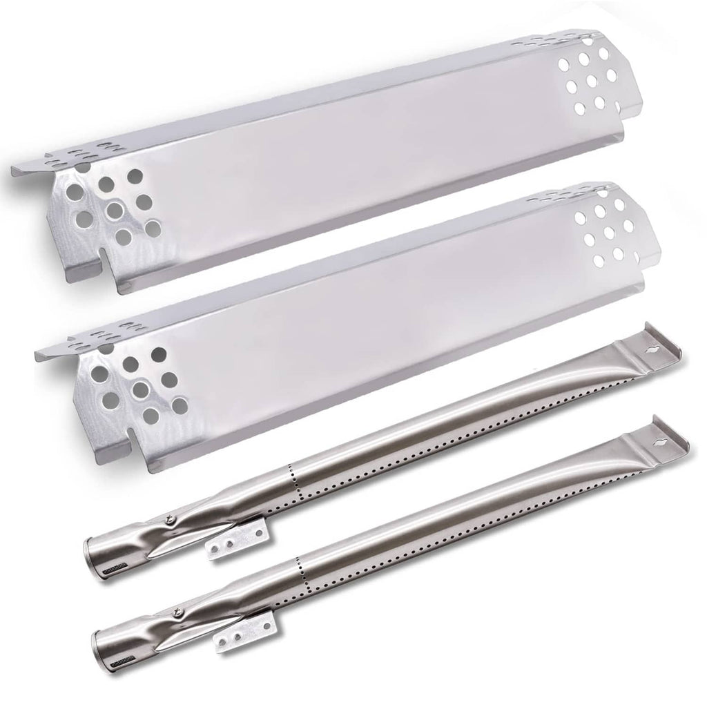 Stainless steel grill burners and heat plates set, with perforated flame tubes and shields
