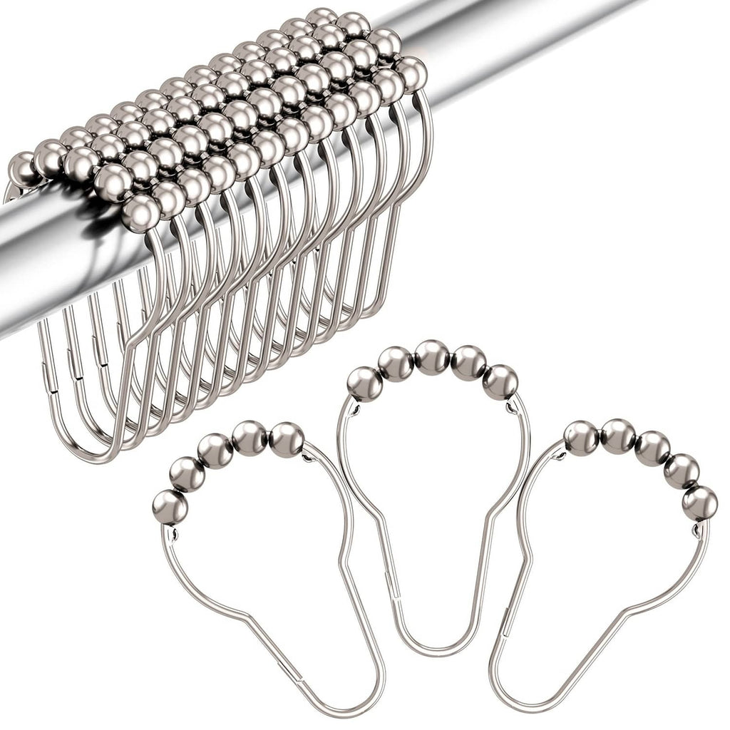 Polished nickel shower curtain hooks with decorative bead links, chrome-finish set