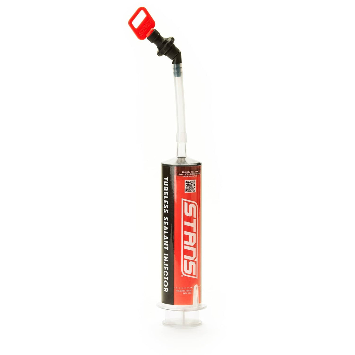 Tubeless sealant injector with red top, black nozzle, and clear dispensing tube