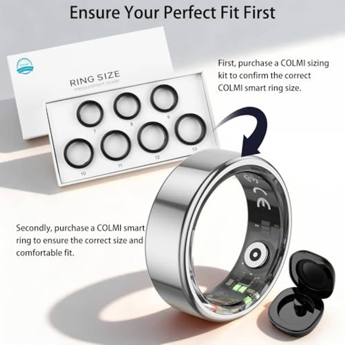 Silver smart ring with charging case beside ring size gauge kit