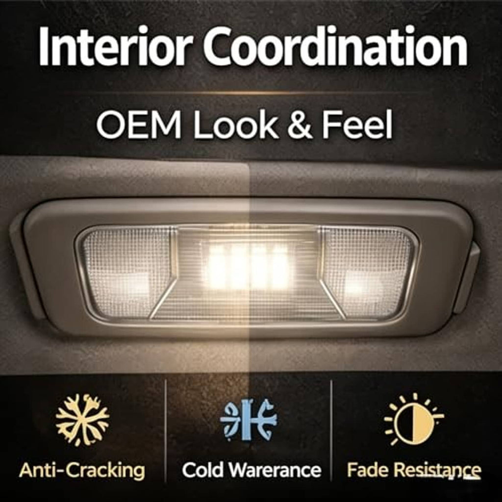 Glowing car interior dome LED ceiling lamp centered in gray trim