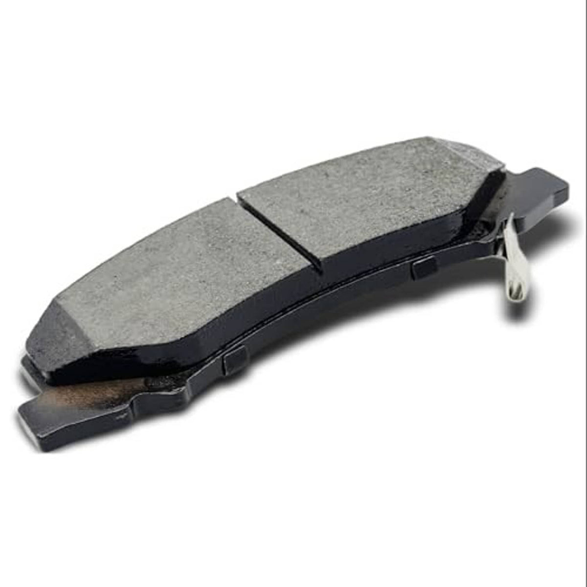 Single gray ceramic brake pad with metal backing and clips, side-angle view