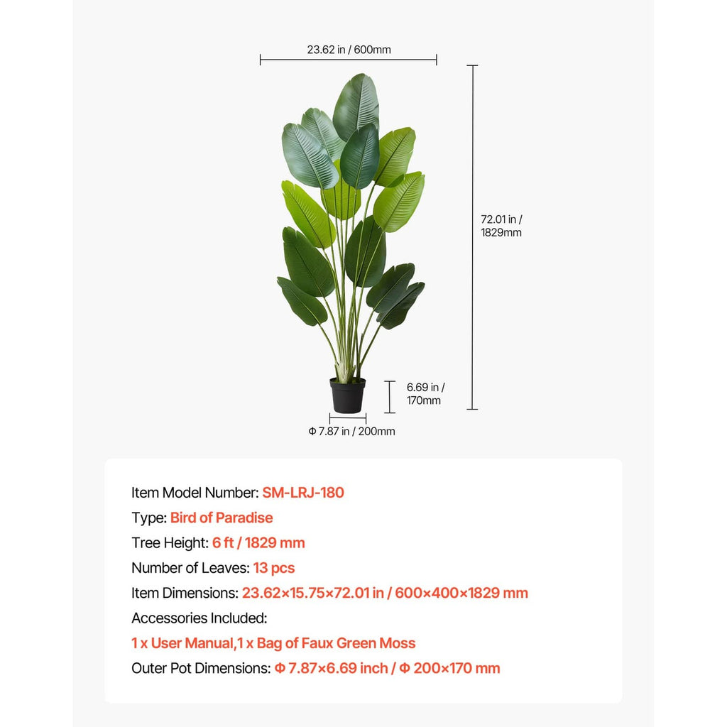 Size diagram of faux bird of paradise tree with green leaves in black pot