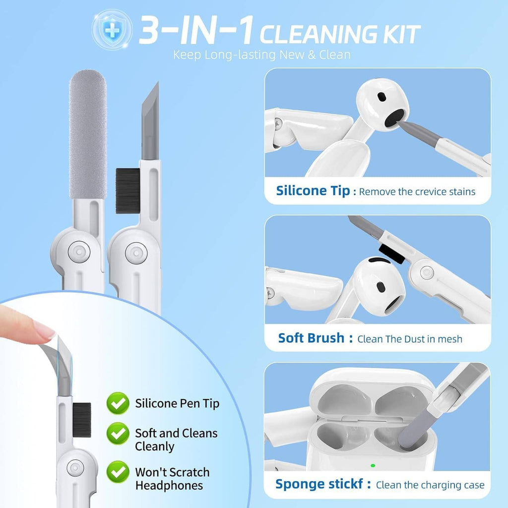 Teal silicone AirPods case with floral engraving shown with cleaning tools