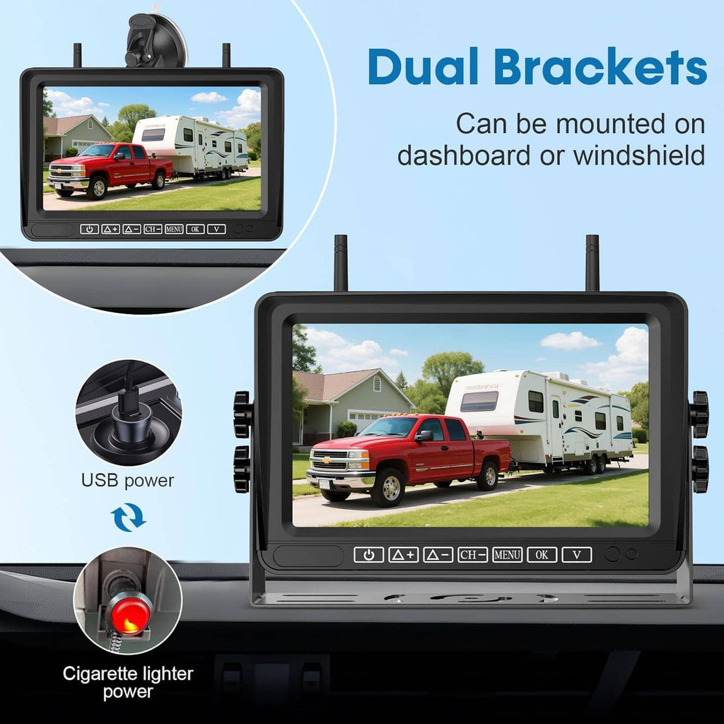 Wireless RV backup camera system with dual mounting brackets and monitor