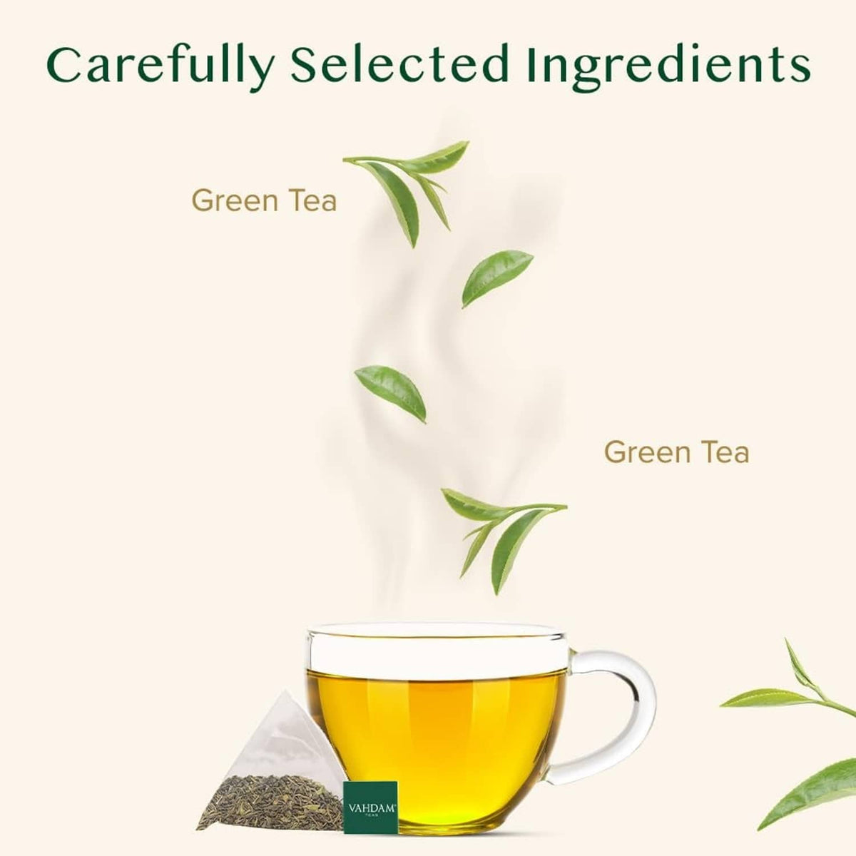 Green tea cup with VAHDAM-style tea leaves illustration