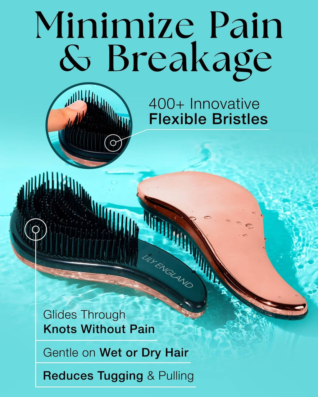 Rose gold hair detangler brush with black bristles and padded paddle base.